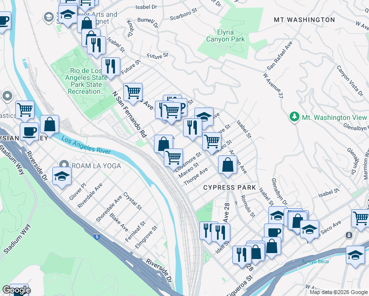 map of restaurants, bars, coffee shops, grocery stores, and more near 2664 1/2 Roseview Avenue in Los Angeles