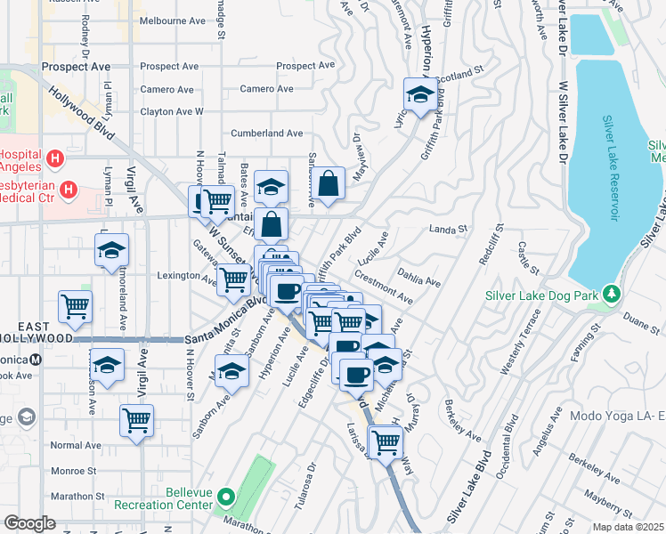 map of restaurants, bars, coffee shops, grocery stores, and more near 1680 Griffith Park Boulevard in Los Angeles