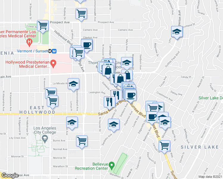 map of restaurants, bars, coffee shops, grocery stores, and more near 4213 Gateway Avenue in Los Angeles