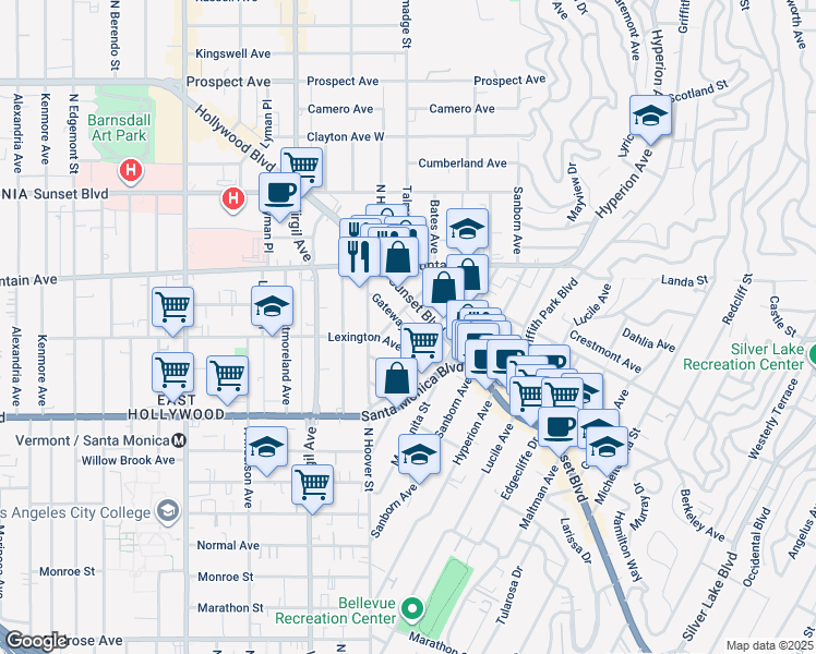 map of restaurants, bars, coffee shops, grocery stores, and more near 4213 Gateway Avenue in Los Angeles