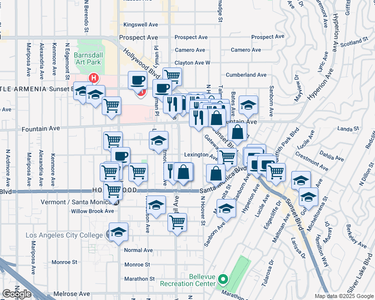 map of restaurants, bars, coffee shops, grocery stores, and more near 1203 North Commonwealth Avenue in Los Angeles