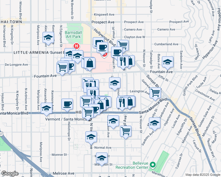 map of restaurants, bars, coffee shops, grocery stores, and more near 4558 Lexington Avenue in Los Angeles