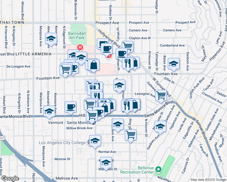 map of restaurants, bars, coffee shops, grocery stores, and more near 4558 Lexington Avenue in Los Angeles