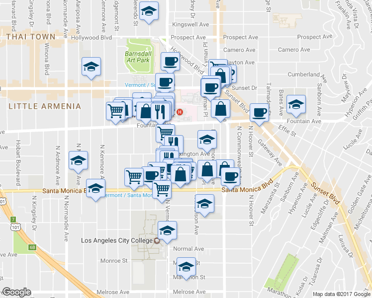 map of restaurants, bars, coffee shops, grocery stores, and more near 4611 Lexington Avenue in Los Angeles