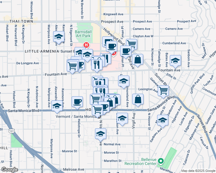 map of restaurants, bars, coffee shops, grocery stores, and more near 4611 Lexington Avenue in Los Angeles