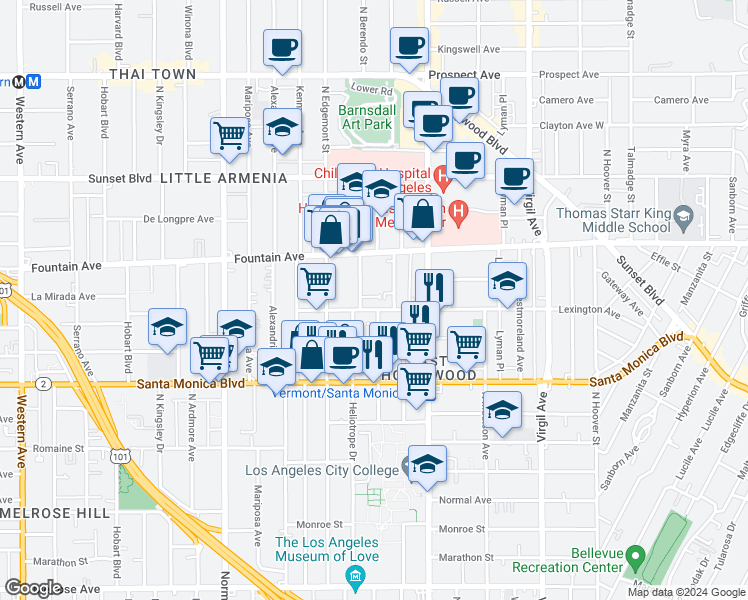 map of restaurants, bars, coffee shops, grocery stores, and more near 4829 Lexington Avenue in Los Angeles