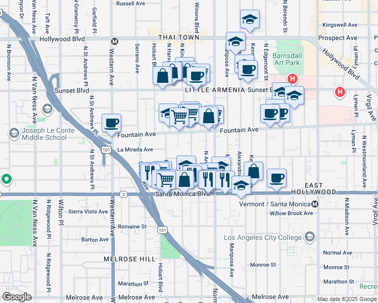 map of restaurants, bars, coffee shops, grocery stores, and more near 1202 North Kingsley Drive in Los Angeles