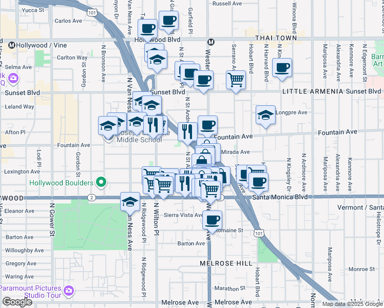 map of restaurants, bars, coffee shops, grocery stores, and more near 5602 La Mirada Avenue in Los Angeles