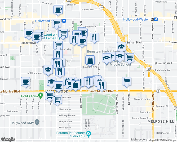 map of restaurants, bars, coffee shops, grocery stores, and more near 1233 North Beachwood Drive in Los Angeles