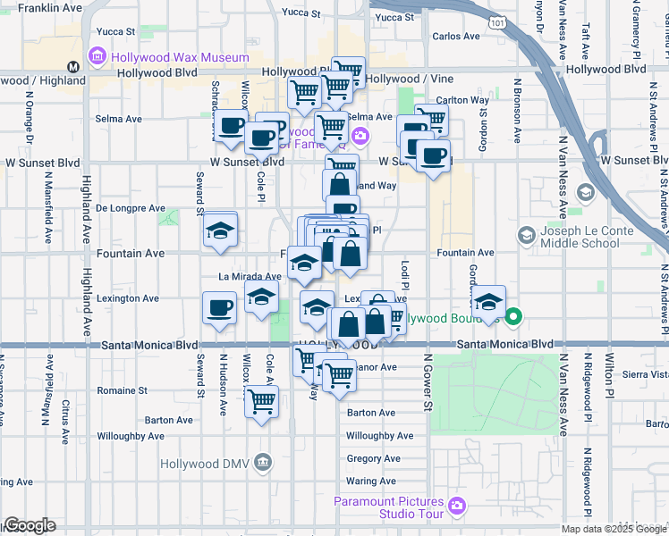 map of restaurants, bars, coffee shops, grocery stores, and more near 6319 La Mirada Avenue in Los Angeles