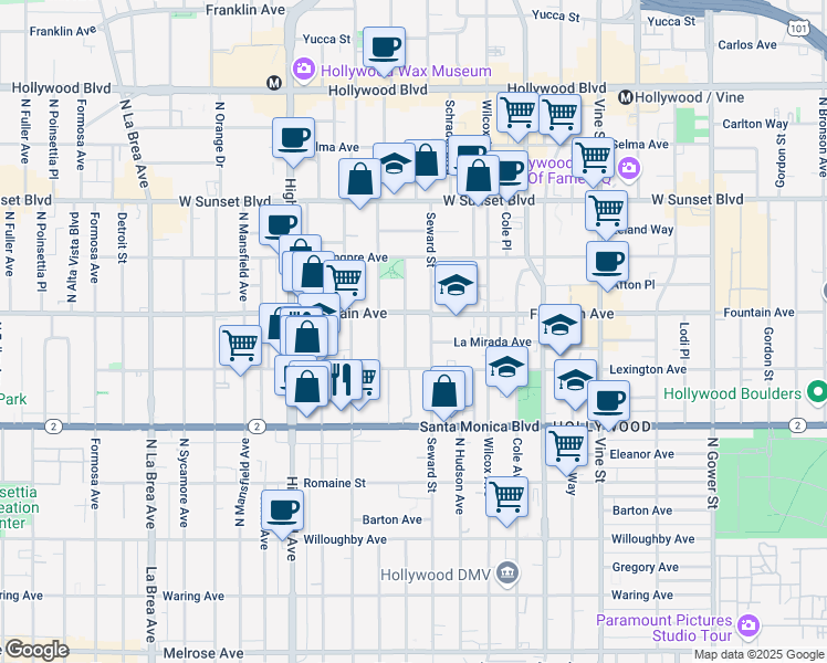 map of restaurants, bars, coffee shops, grocery stores, and more near 1231 Seward Street in Los Angeles