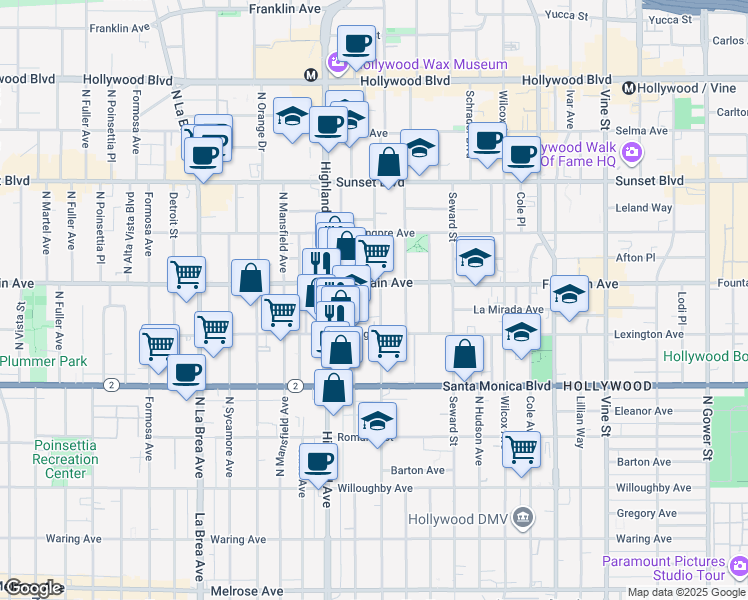 map of restaurants, bars, coffee shops, grocery stores, and more near 1231 North Las Palmas Avenue in Los Angeles
