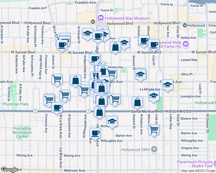 map of restaurants, bars, coffee shops, grocery stores, and more near 1231 North Las Palmas Avenue in Los Angeles