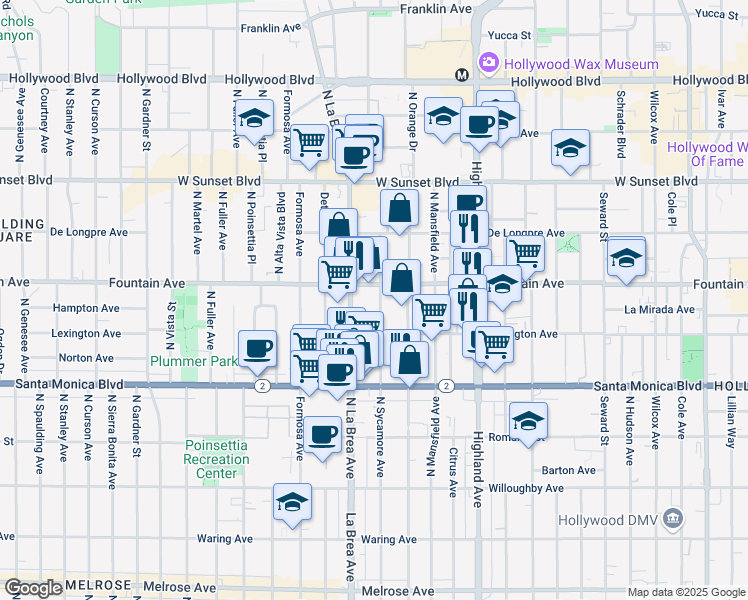 map of restaurants, bars, coffee shops, grocery stores, and more near 1232 North Sycamore Avenue in Los Angeles