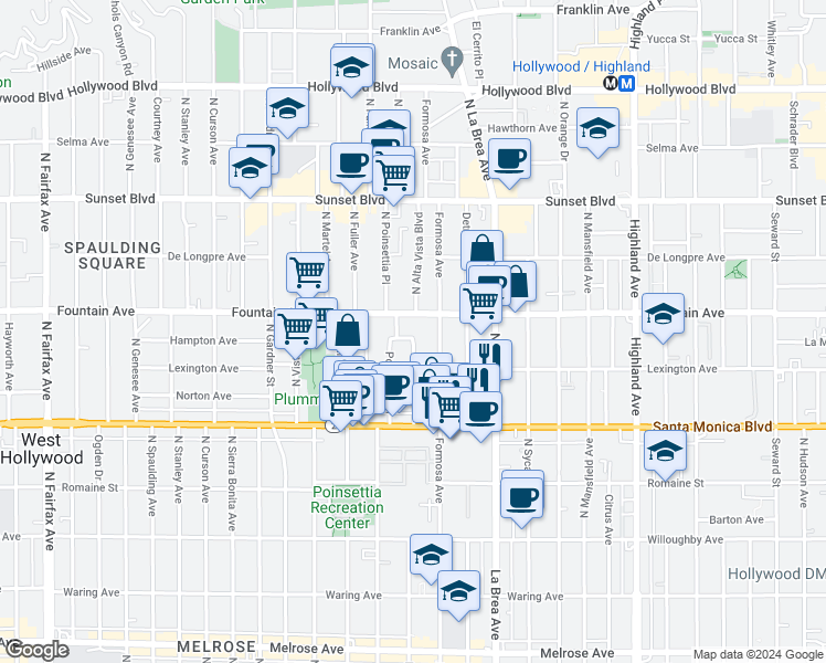map of restaurants, bars, coffee shops, grocery stores, and more near 1232 North Poinsettia Place in West Hollywood
