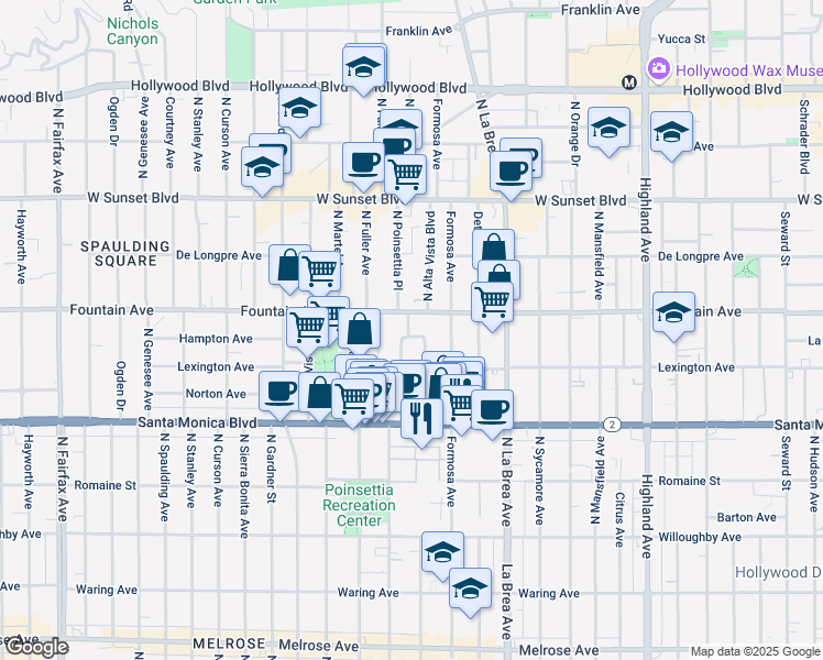 map of restaurants, bars, coffee shops, grocery stores, and more near 1231 Poinsettia Drive in West Hollywood