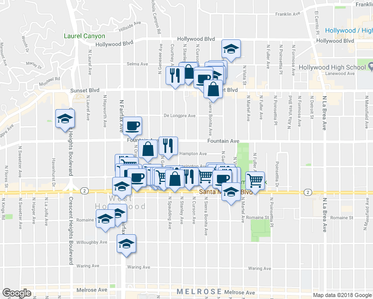 map of restaurants, bars, coffee shops, grocery stores, and more near 7630 Hampton Avenue in Los Angeles