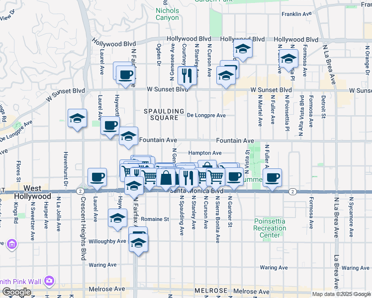 map of restaurants, bars, coffee shops, grocery stores, and more near 7720 Hampton Avenue in Los Angeles