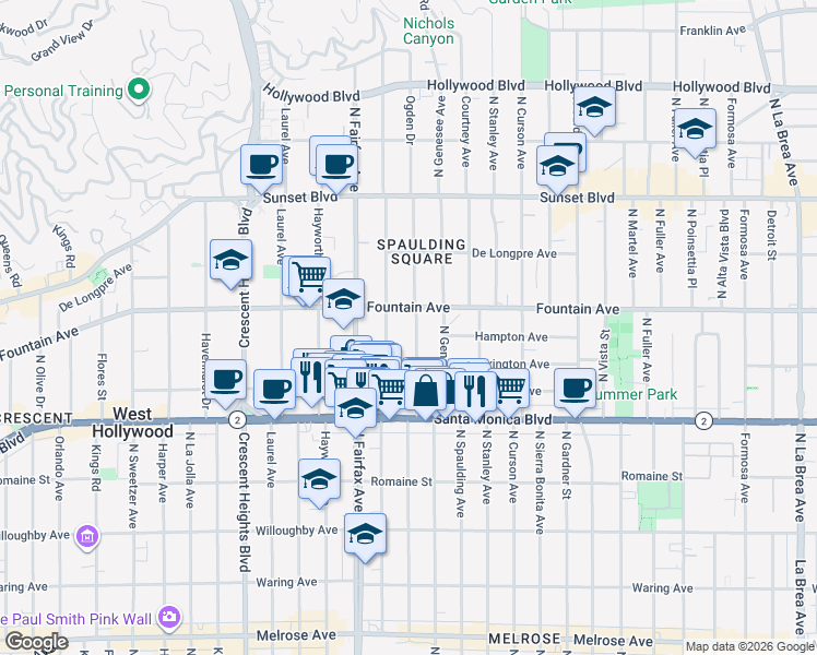 map of restaurants, bars, coffee shops, grocery stores, and more near 1232 North Ogden Drive in West Hollywood