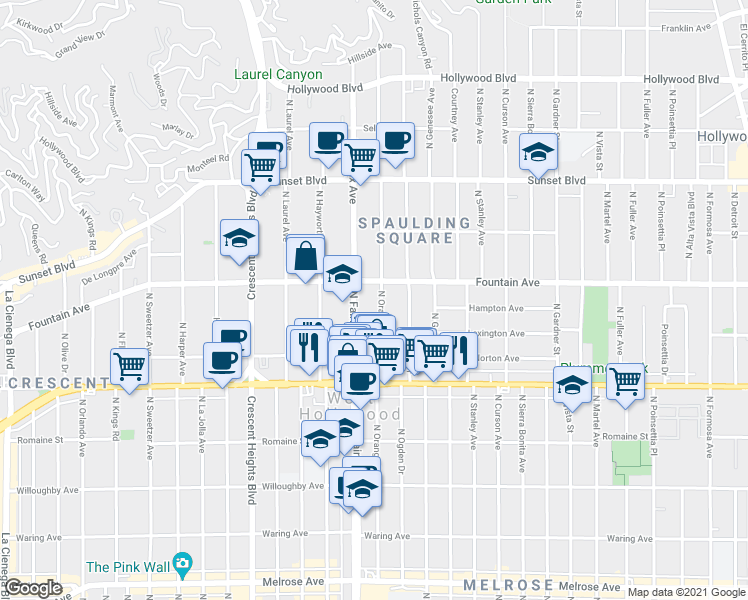 map of restaurants, bars, coffee shops, grocery stores, and more near 1221 North Orange Grove Avenue in West Hollywood