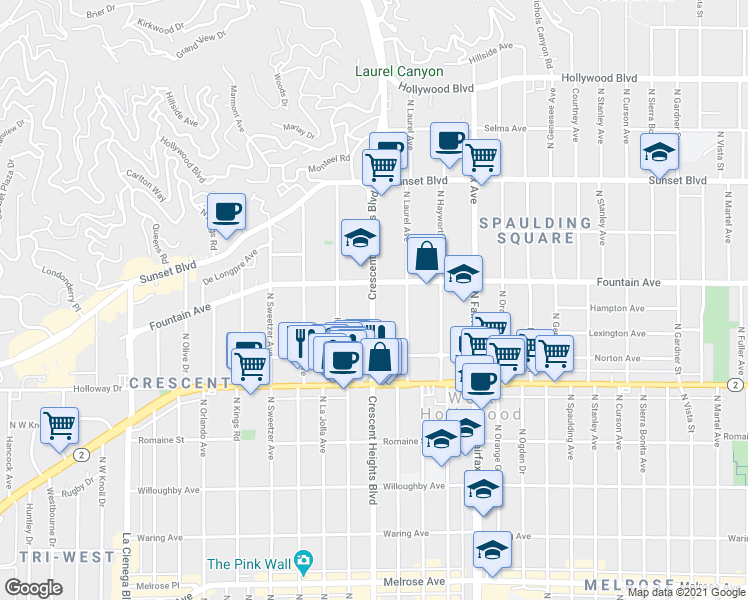 map of restaurants, bars, coffee shops, grocery stores, and more near 1257 North Crescent Heights Boulevard in West Hollywood