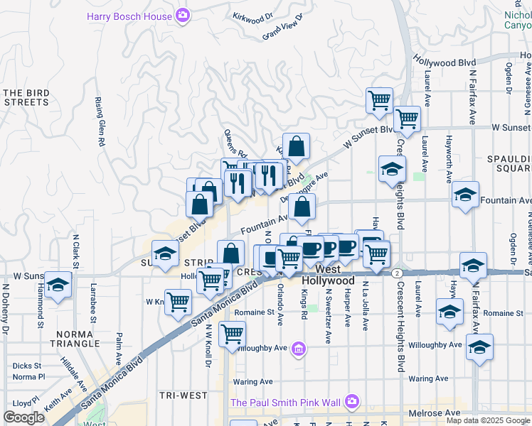 map of restaurants, bars, coffee shops, grocery stores, and more near 1307 North Olive Drive in West Hollywood