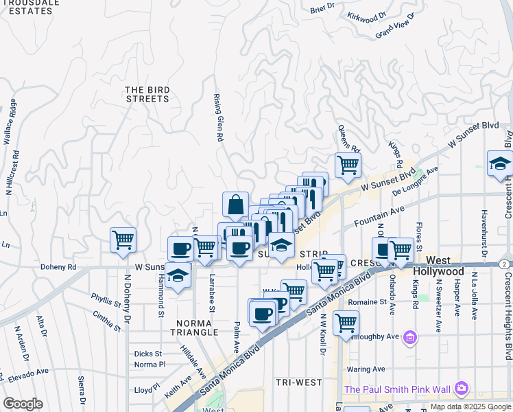 map of restaurants, bars, coffee shops, grocery stores, and more near 1227 Sunset Plaza Drive in Los Angeles