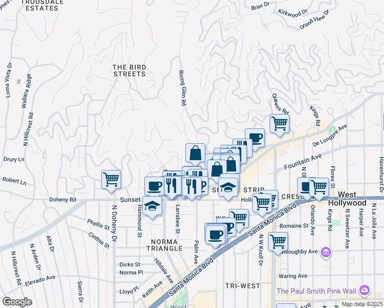 map of restaurants, bars, coffee shops, grocery stores, and more near 8732 Saint Ives Drive in Los Angeles