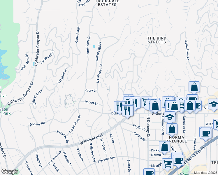map of restaurants, bars, coffee shops, grocery stores, and more near 1235 Sierra Alta Way in Los Angeles