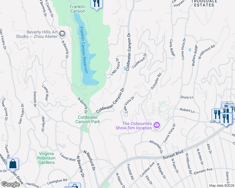 map of restaurants, bars, coffee shops, grocery stores, and more near 1138 Coldwater Canyon Drive in Beverly Hills