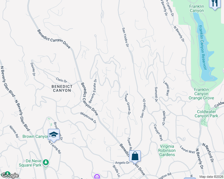 map of restaurants, bars, coffee shops, grocery stores, and more near 1261 Tower Grove Drive in Beverly Hills