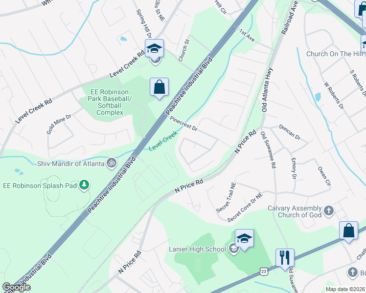 map of restaurants, bars, coffee shops, grocery stores, and more near 5009 McEver View Drive in Sugar Hill