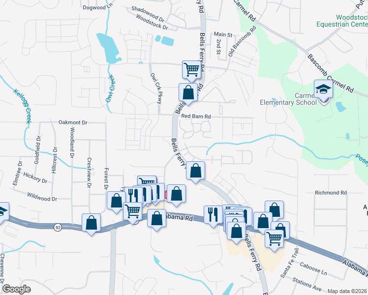map of restaurants, bars, coffee shops, grocery stores, and more near 206 Oakleaf Drive in Acworth