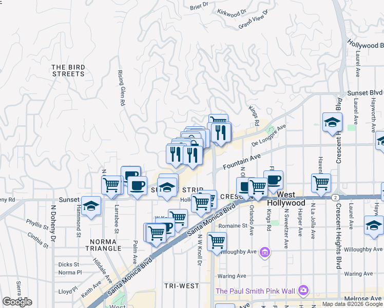 map of restaurants, bars, coffee shops, grocery stores, and more near 1326 Londonderry View Drive in Los Angeles