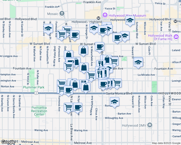 map of restaurants, bars, coffee shops, grocery stores, and more near 1243 North Mansfield Avenue in Los Angeles