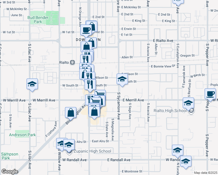map of restaurants, bars, coffee shops, grocery stores, and more near 231 East South Street in Rialto