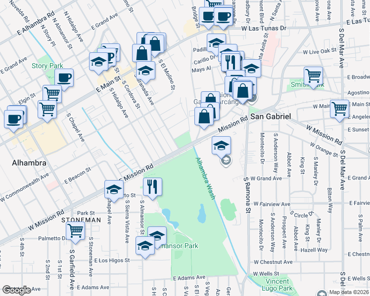 map of restaurants, bars, coffee shops, grocery stores, and more near Mission Road in Alhambra