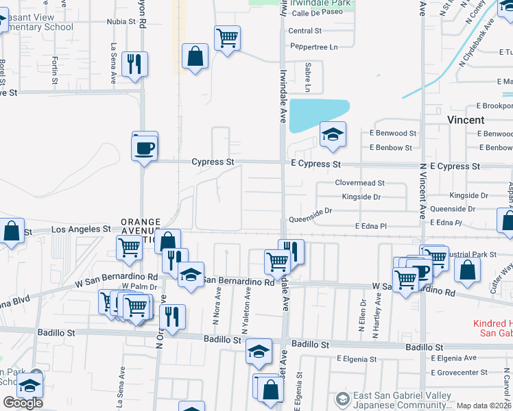 map of restaurants, bars, coffee shops, grocery stores, and more near 15821 Queenside Drive in Covina