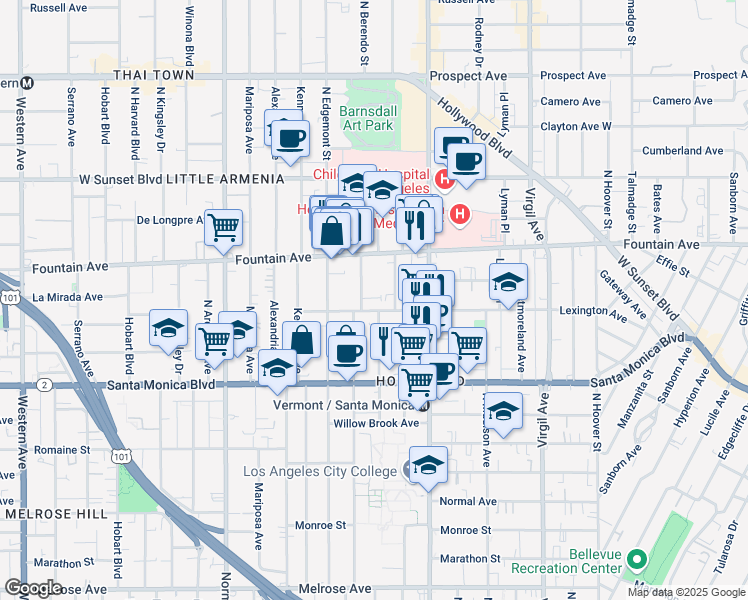 map of restaurants, bars, coffee shops, grocery stores, and more near 1210 North Berendo Street in Los Angeles