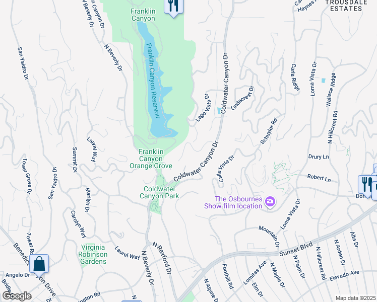 map of restaurants, bars, coffee shops, grocery stores, and more near 1177 Loma Linda Drive in Beverly Hills
