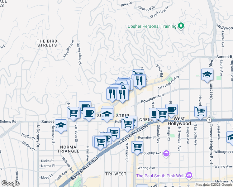 map of restaurants, bars, coffee shops, grocery stores, and more near 1321 Londonderry Place in Los Angeles