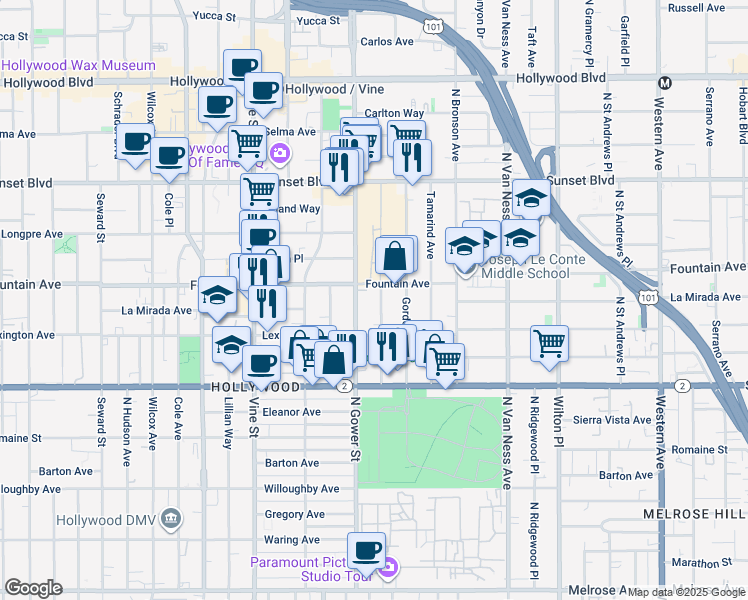 map of restaurants, bars, coffee shops, grocery stores, and more near 1243 Beachwood Drive in Los Angeles