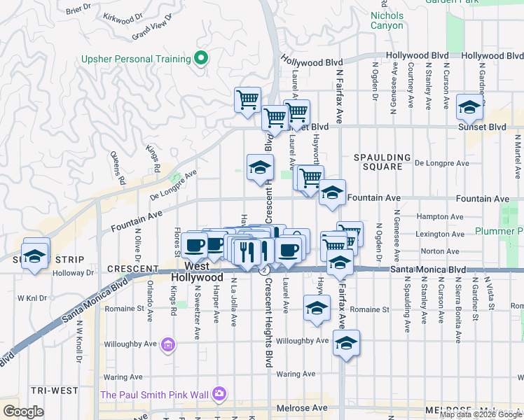 map of restaurants, bars, coffee shops, grocery stores, and more near 1271 North Crescent Heights Boulevard in West Hollywood