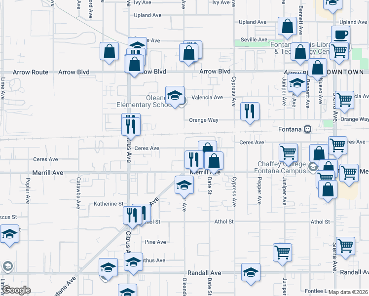 map of restaurants, bars, coffee shops, grocery stores, and more near Oleander Ave & Ceres Ave in Fontana