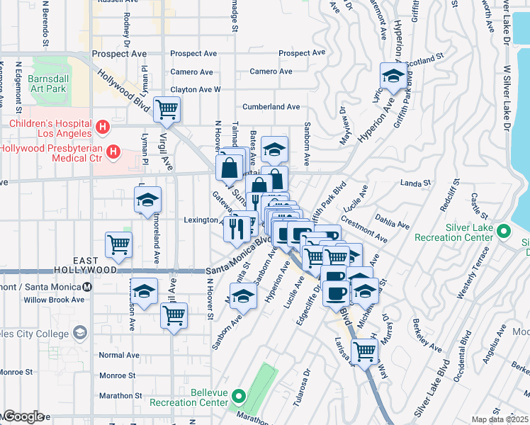 map of restaurants, bars, coffee shops, grocery stores, and more near 4111 Sunset Boulevard in Los Angeles