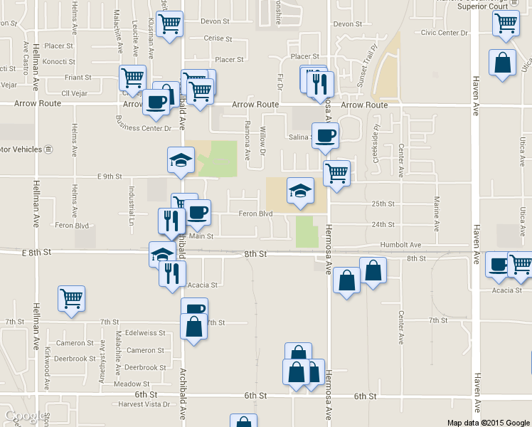 map of restaurants, bars, coffee shops, grocery stores, and more near 9967 Feron Boulevard in Rancho Cucamonga