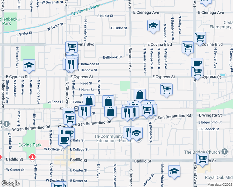 map of restaurants, bars, coffee shops, grocery stores, and more near 267 Pin Lane in Covina