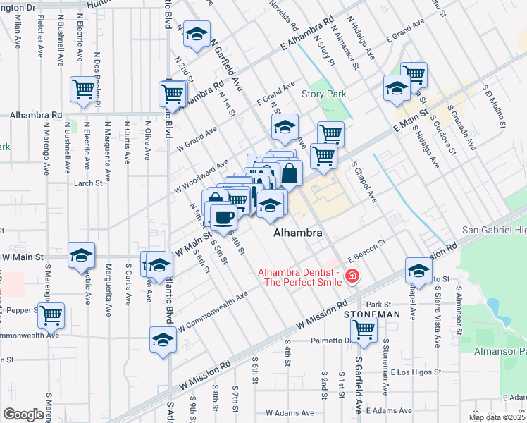 map of restaurants, bars, coffee shops, grocery stores, and more near 228 West Main Street in Alhambra