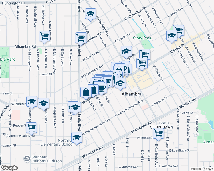 map of restaurants, bars, coffee shops, grocery stores, and more near 305 West Main Street in Alhambra