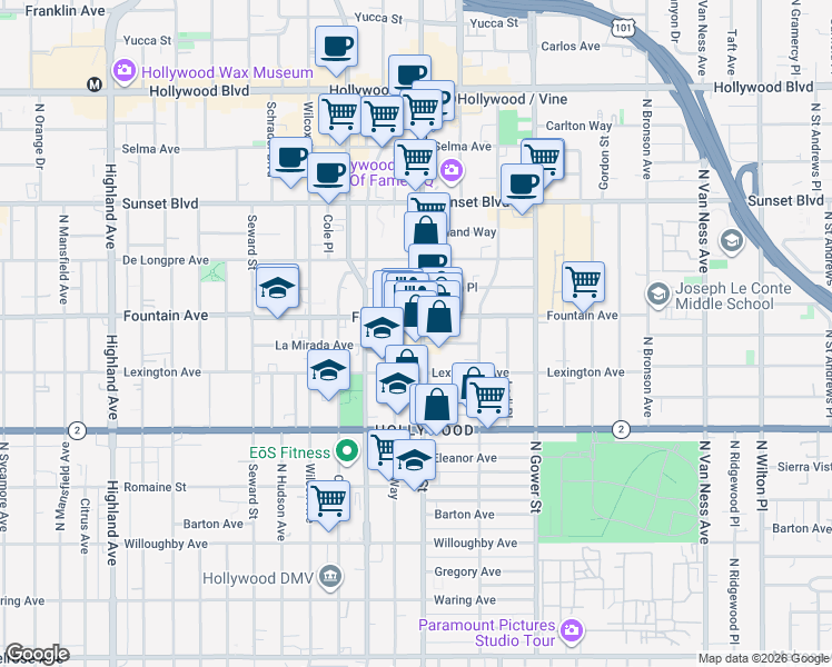 map of restaurants, bars, coffee shops, grocery stores, and more near 1245 Vine Street in Los Angeles
